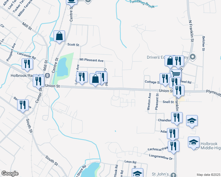 map of restaurants, bars, coffee shops, grocery stores, and more near 231 Union Street in Holbrook