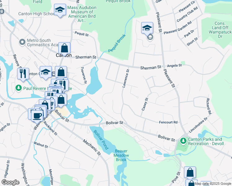 map of restaurants, bars, coffee shops, grocery stores, and more near 107 Lawrence Street in Canton