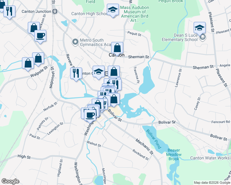 map of restaurants, bars, coffee shops, grocery stores, and more near 643 Washington Street in Canton