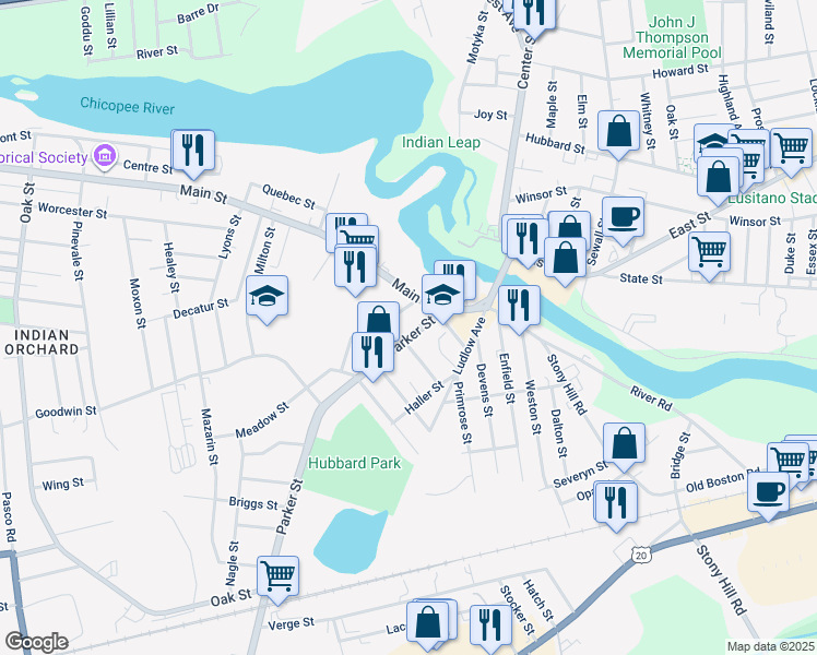 map of restaurants, bars, coffee shops, grocery stores, and more near 42 Parker Street in Springfield