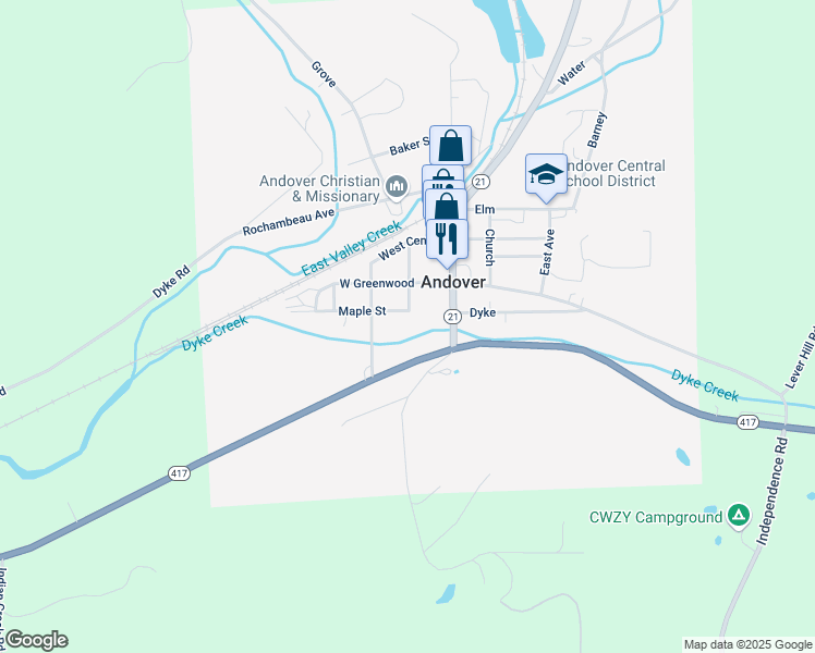 map of restaurants, bars, coffee shops, grocery stores, and more near 16 East Chestnut Street in Andover