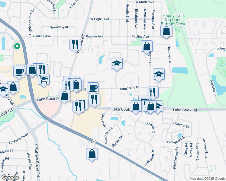 map of restaurants, bars, coffee shops, grocery stores, and more near 21 Le Jardin Court in Buffalo Grove