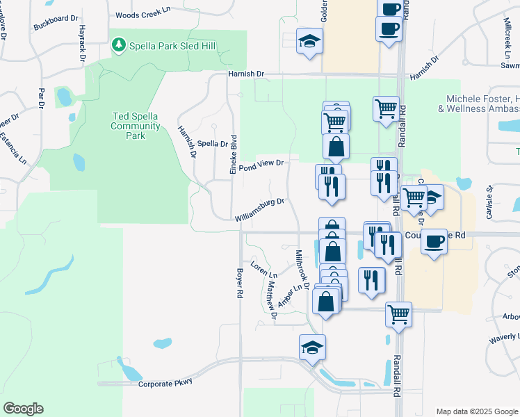 map of restaurants, bars, coffee shops, grocery stores, and more near 2621 Williamsburg Drive in Algonquin