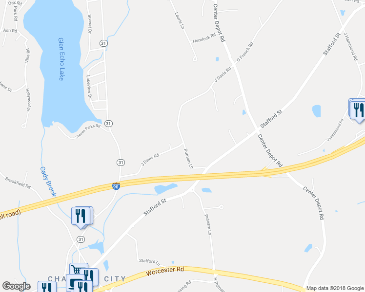 map of restaurants, bars, coffee shops, grocery stores, and more near 60 Putnam Lane in Charlton