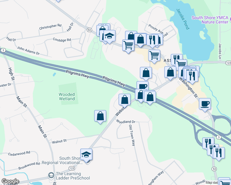map of restaurants, bars, coffee shops, grocery stores, and more near 199 Webster Street in Hanover
