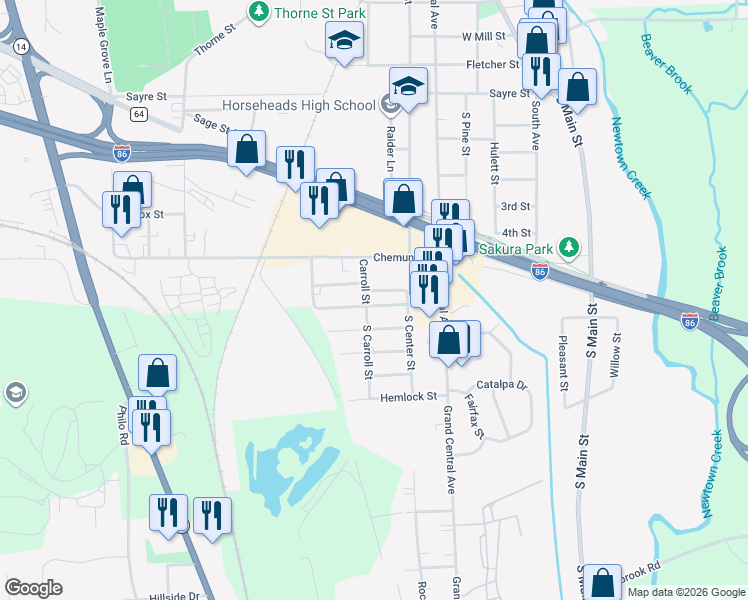 map of restaurants, bars, coffee shops, grocery stores, and more near 182 Claire Boulevard in Horseheads