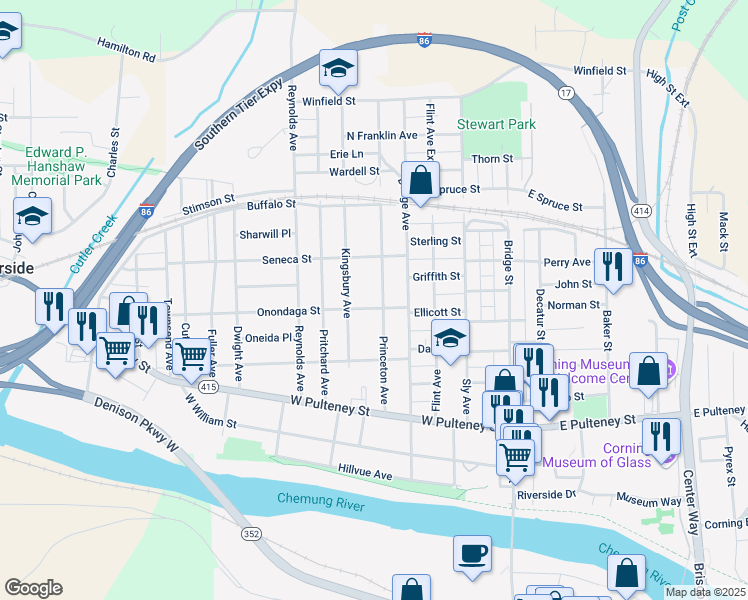 map of restaurants, bars, coffee shops, grocery stores, and more near 143 Princeton Avenue in Corning