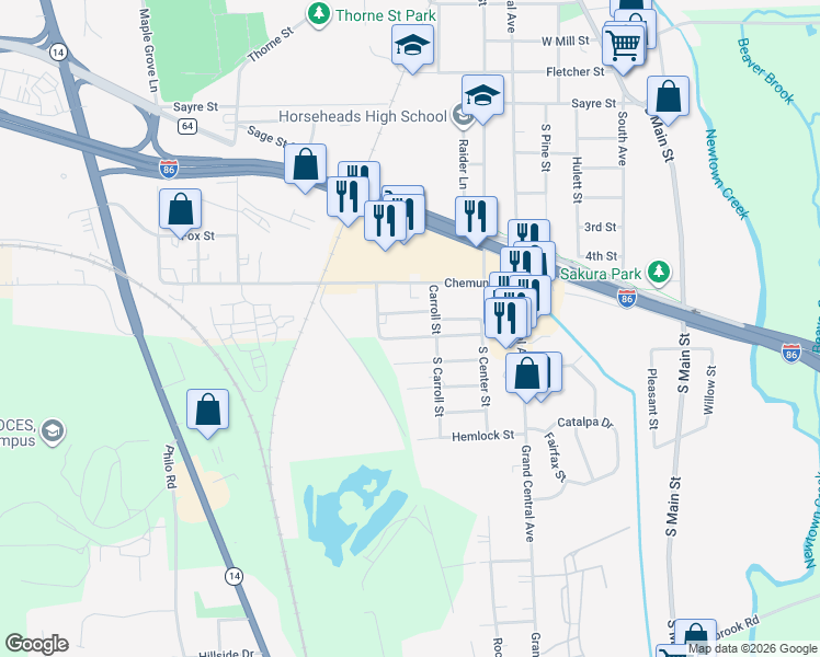 map of restaurants, bars, coffee shops, grocery stores, and more near 196 Claire Boulevard in Horseheads