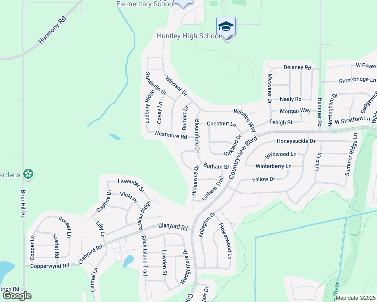 map of restaurants, bars, coffee shops, grocery stores, and more near 13928 Shady Lane in Huntley