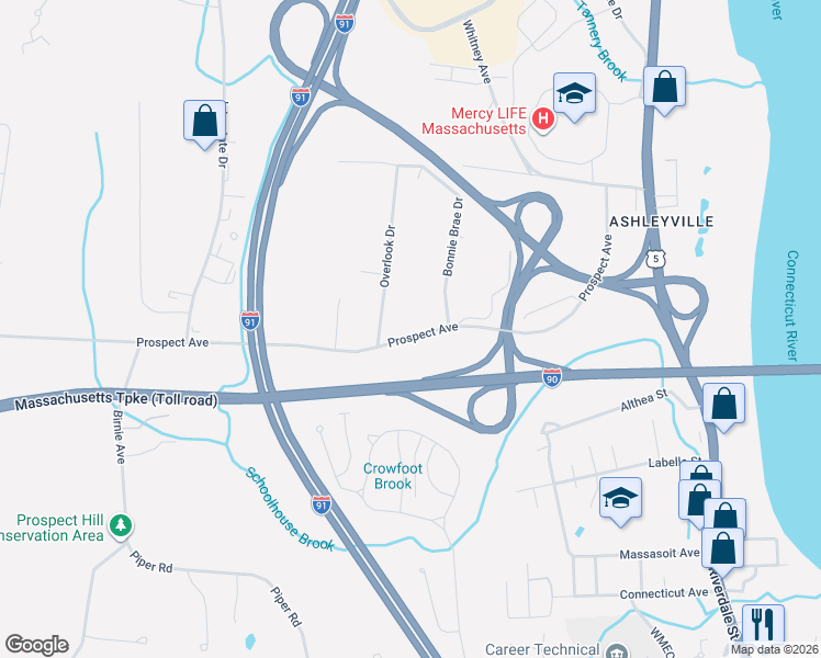 map of restaurants, bars, coffee shops, grocery stores, and more near 269 Prospect Avenue in West Springfield