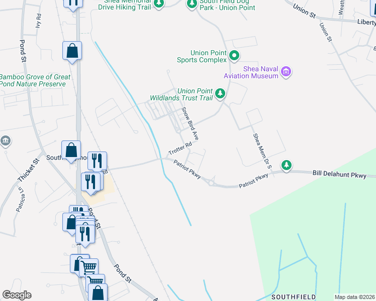 map of restaurants, bars, coffee shops, grocery stores, and more near 10 Patriot Parkway in Weymouth
