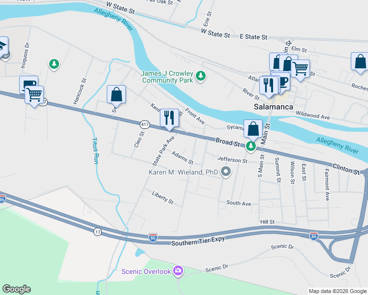 map of restaurants, bars, coffee shops, grocery stores, and more near 55 Adams Street in Salamanca