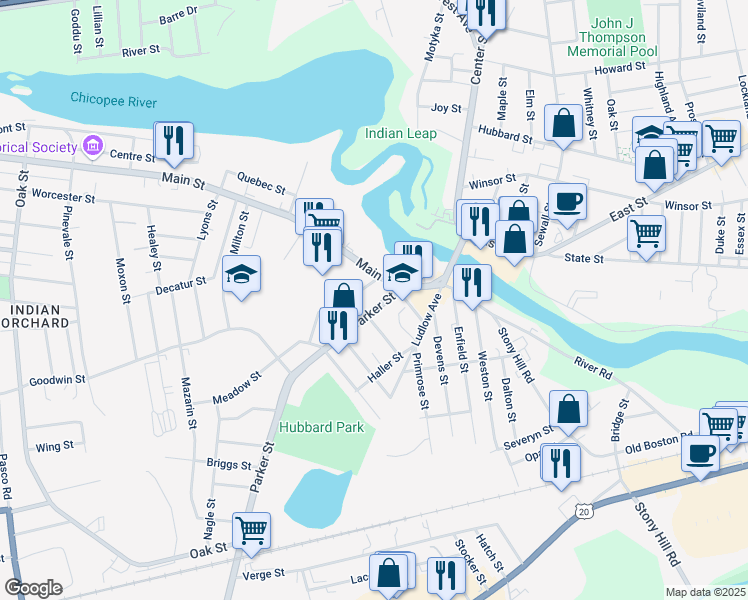 map of restaurants, bars, coffee shops, grocery stores, and more near 21 Parker Street in East Longmeadow
