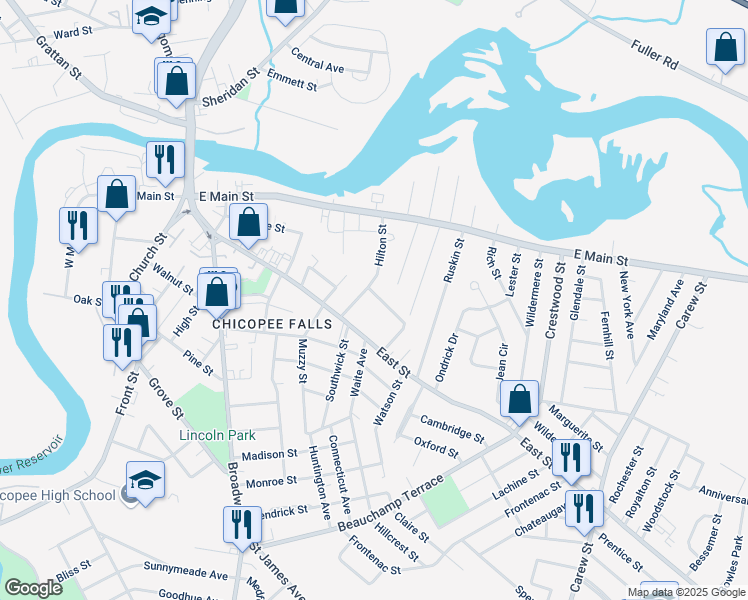 map of restaurants, bars, coffee shops, grocery stores, and more near 203 East Street in Chicopee