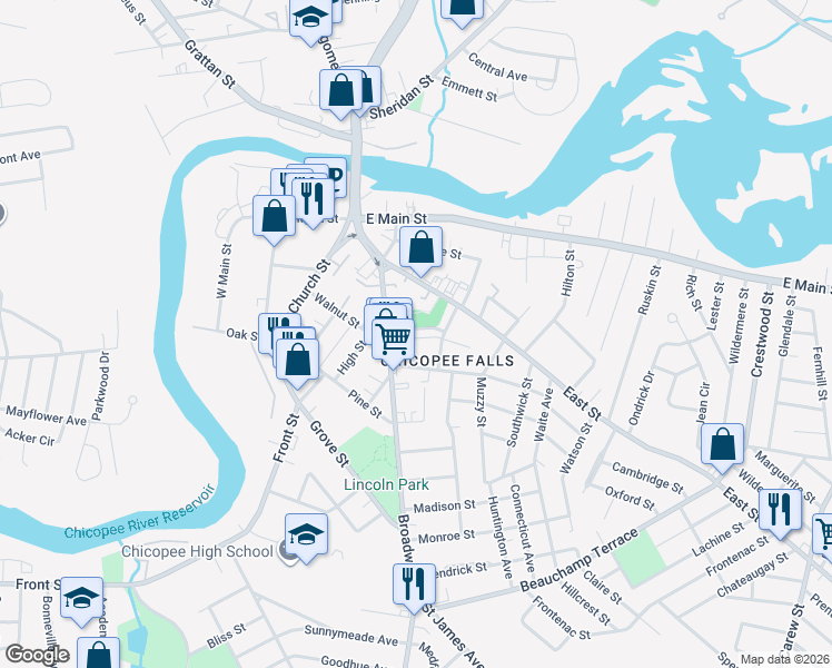 map of restaurants, bars, coffee shops, grocery stores, and more near in Chicopee