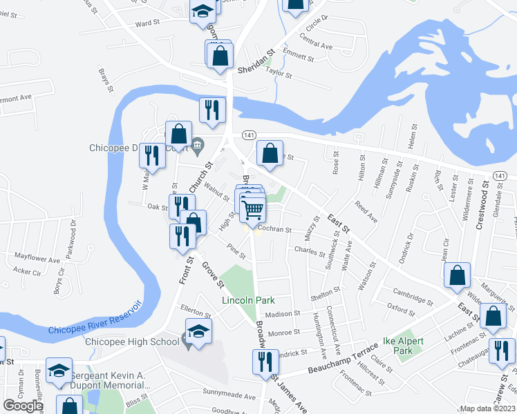 map of restaurants, bars, coffee shops, grocery stores, and more near 1 Paine Avenue in Chicopee