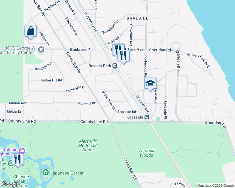 map of restaurants, bars, coffee shops, grocery stores, and more near 585 Cherokee Road in Highland Park