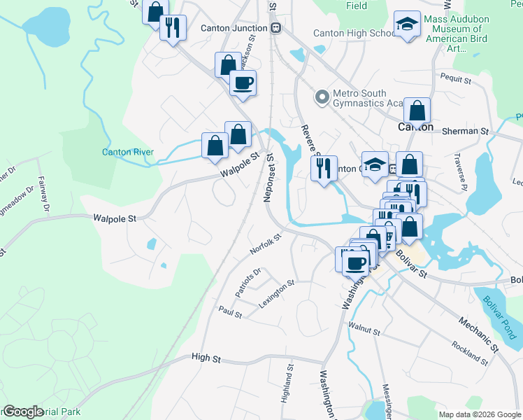 map of restaurants, bars, coffee shops, grocery stores, and more near 174 Neponset Street in Canton