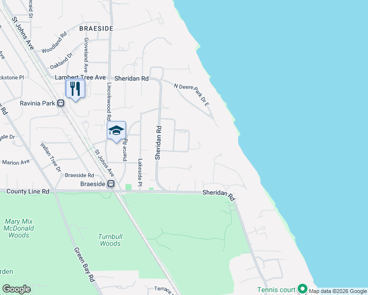 map of restaurants, bars, coffee shops, grocery stores, and more near 147 Pine Point Drive in Highland Park