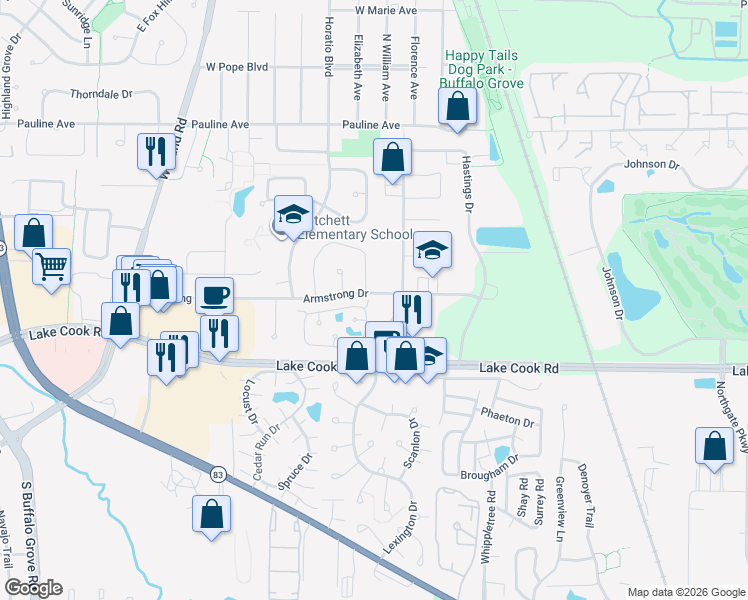 map of restaurants, bars, coffee shops, grocery stores, and more near 353 Le Parc Circle in Buffalo Grove