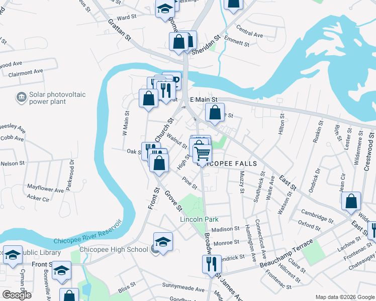 map of restaurants, bars, coffee shops, grocery stores, and more near 72 Walnut Street in Chicopee