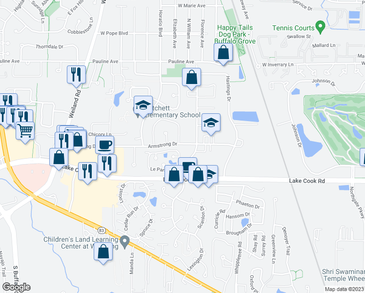 map of restaurants, bars, coffee shops, grocery stores, and more near 355 Le Parc Circle in Buffalo Grove