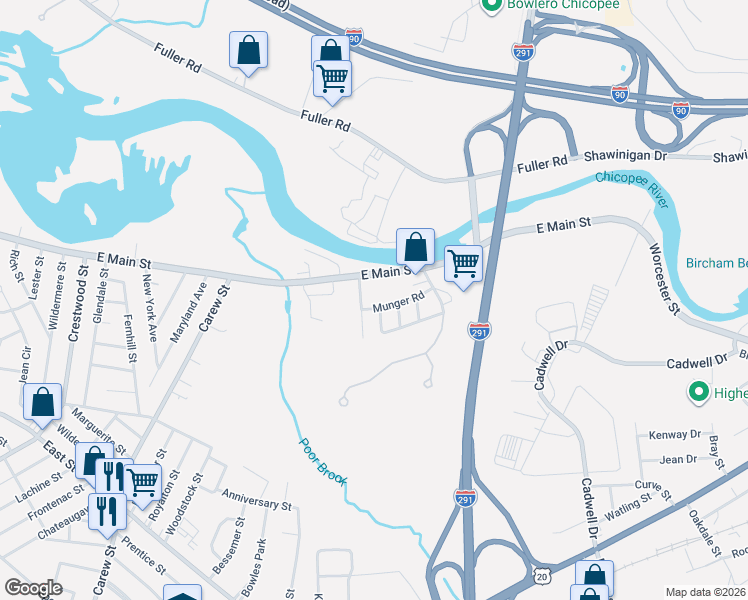 map of restaurants, bars, coffee shops, grocery stores, and more near 7 East Main Street in Chicopee
