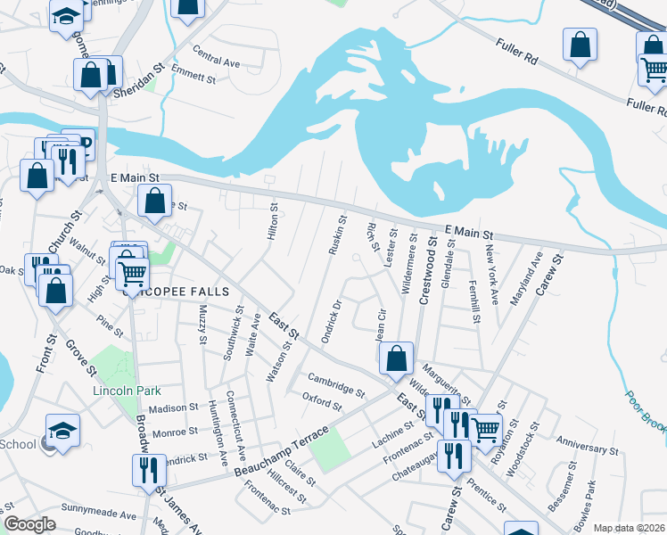 map of restaurants, bars, coffee shops, grocery stores, and more near 61 Sunnyside Street in Chicopee