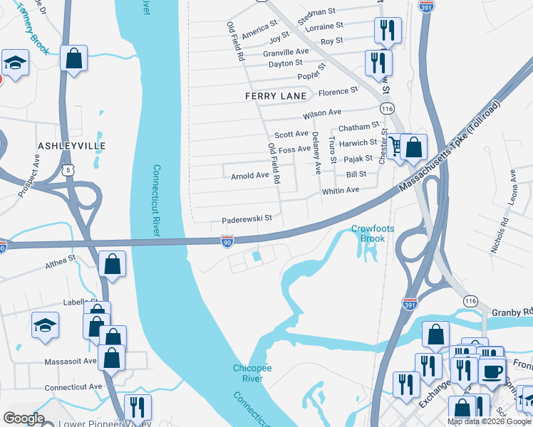 map of restaurants, bars, coffee shops, grocery stores, and more near 66 Amherst Street in Chicopee