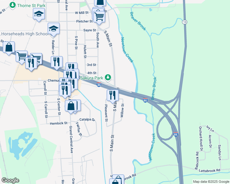 map of restaurants, bars, coffee shops, grocery stores, and more near South Main Street in Horseheads