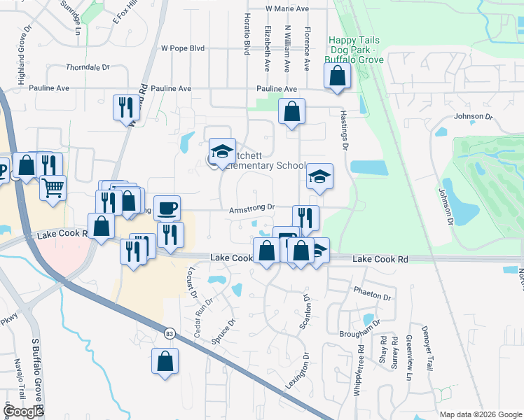 map of restaurants, bars, coffee shops, grocery stores, and more near 321 Le Parc Circle in Buffalo Grove
