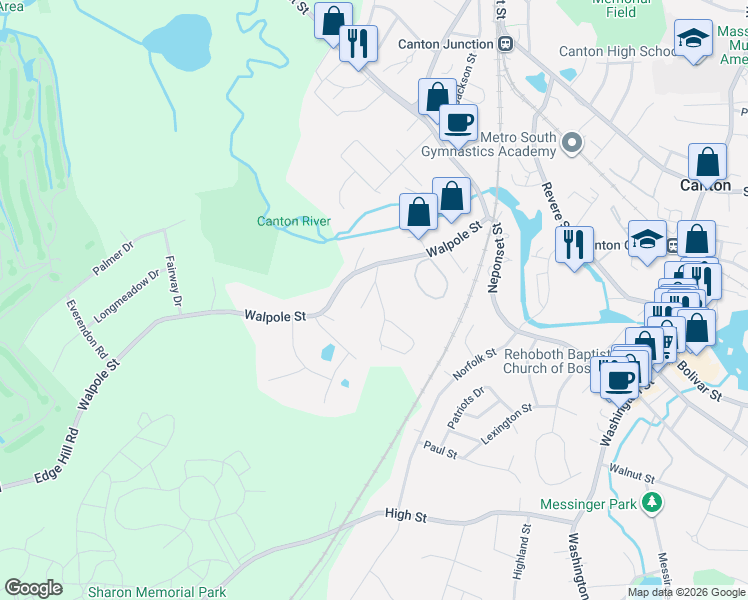 map of restaurants, bars, coffee shops, grocery stores, and more near 32 Grand Street in Canton