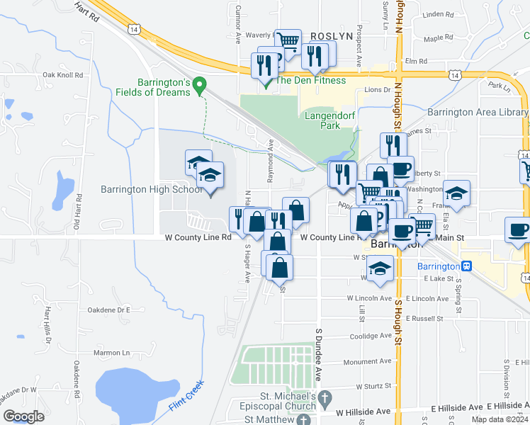 map of restaurants, bars, coffee shops, grocery stores, and more near 132 Raymond Avenue in Barrington