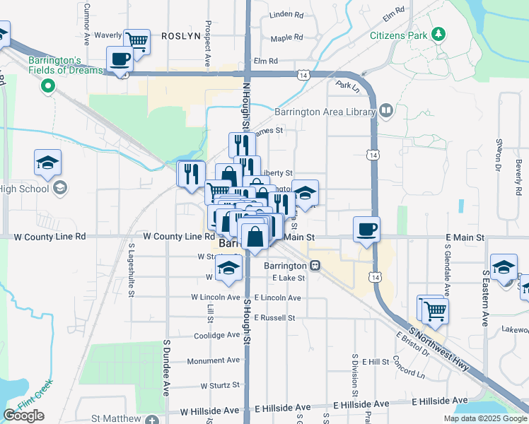 map of restaurants, bars, coffee shops, grocery stores, and more near 113 Washington Street in Barrington