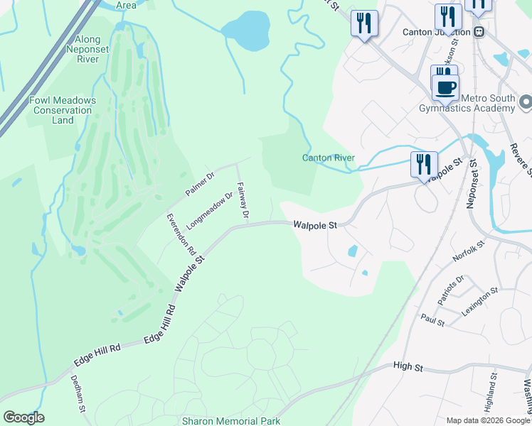 map of restaurants, bars, coffee shops, grocery stores, and more near 353 Walpole Street in Canton