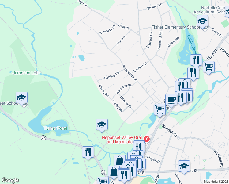 map of restaurants, bars, coffee shops, grocery stores, and more near 15 Pilots Way in Walpole