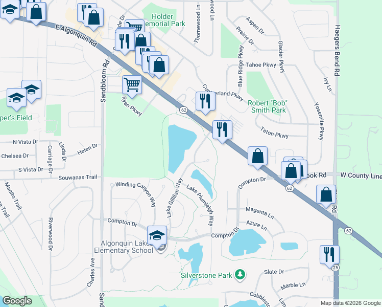 map of restaurants, bars, coffee shops, grocery stores, and more near 200 High Point Ridge in Algonquin