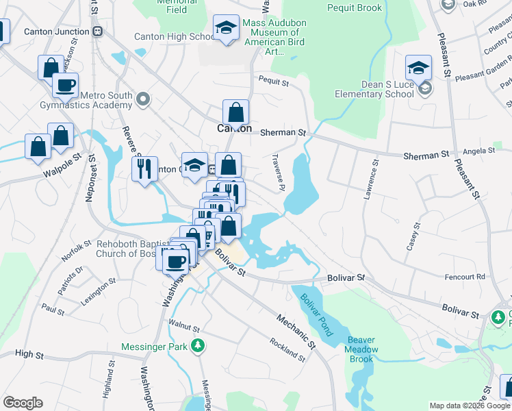 map of restaurants, bars, coffee shops, grocery stores, and more near 38 Curtis Road in Canton