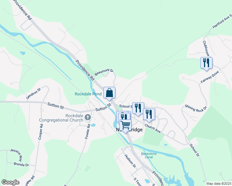 map of restaurants, bars, coffee shops, grocery stores, and more near 2376 Providence Road in Northbridge