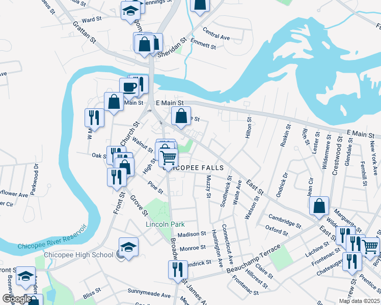 map of restaurants, bars, coffee shops, grocery stores, and more near 64 East Street in Chicopee