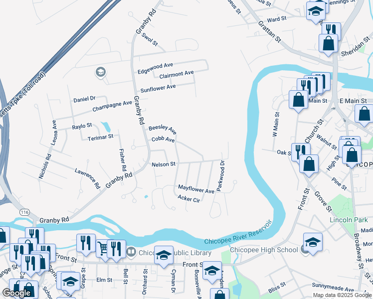 map of restaurants, bars, coffee shops, grocery stores, and more near 112 Cobb Avenue in Chicopee