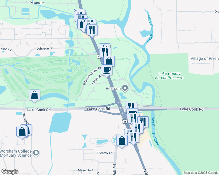 map of restaurants, bars, coffee shops, grocery stores, and more near 20182 Illinois 21 in Wheeling