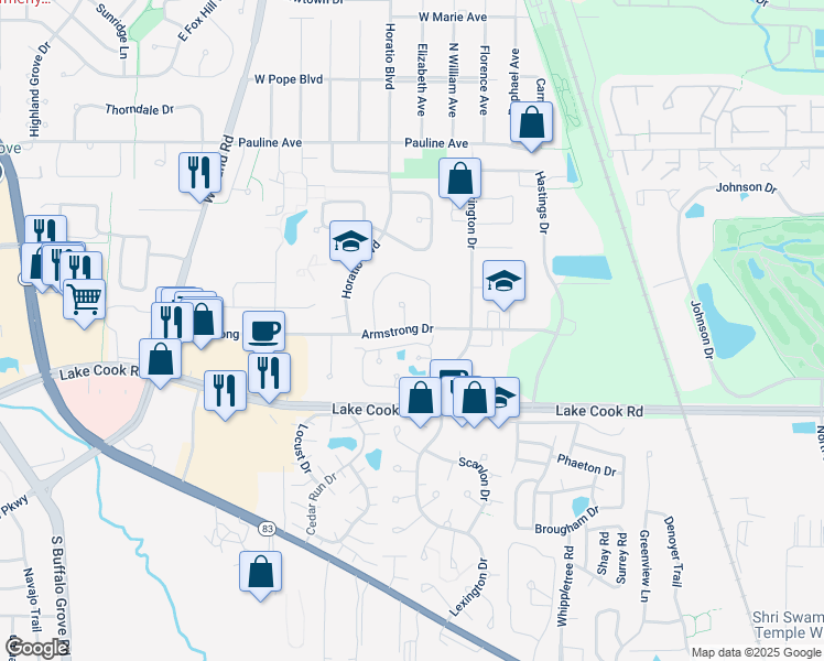 map of restaurants, bars, coffee shops, grocery stores, and more near 618 Armstrong Court North in Buffalo Grove