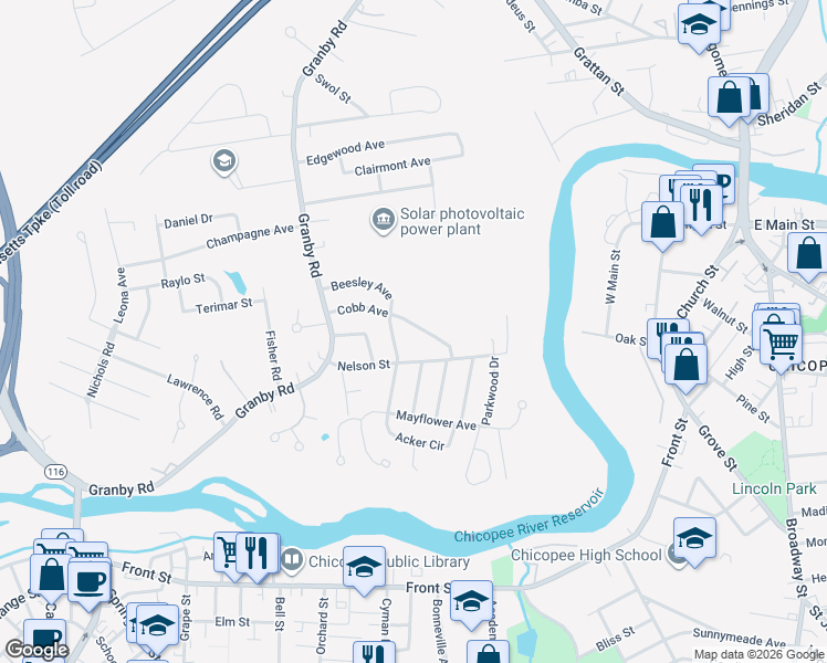 map of restaurants, bars, coffee shops, grocery stores, and more near 112 Cobb Avenue in Chicopee