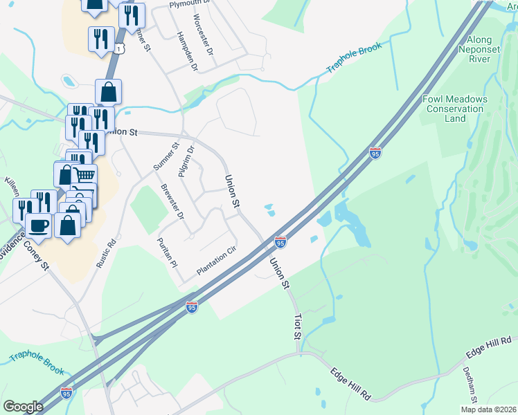 map of restaurants, bars, coffee shops, grocery stores, and more near 246 Union Street in Norwood