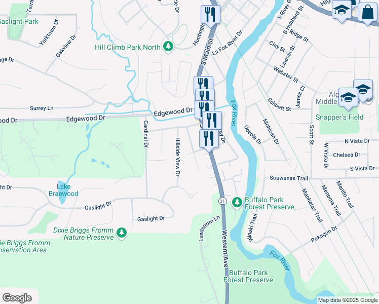 map of restaurants, bars, coffee shops, grocery stores, and more near 1264 Merrill Drive in Algonquin