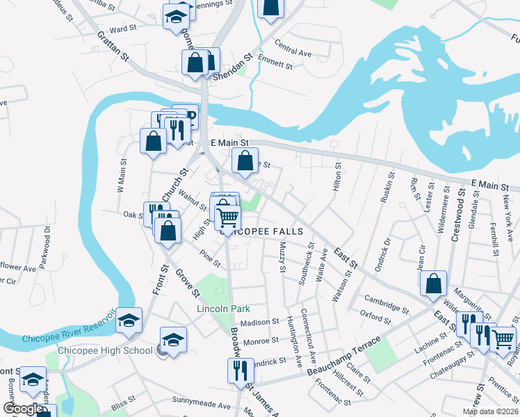 map of restaurants, bars, coffee shops, grocery stores, and more near 20 Hamilton Street in Chicopee