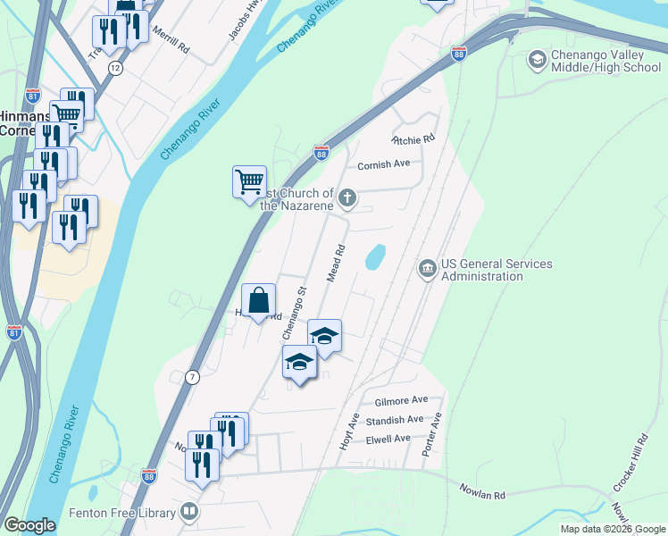 map of restaurants, bars, coffee shops, grocery stores, and more near Mead Road in Broome County