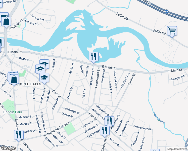 map of restaurants, bars, coffee shops, grocery stores, and more near 33 Wildermere Street in Chicopee