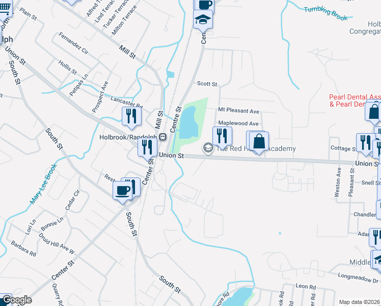 map of restaurants, bars, coffee shops, grocery stores, and more near 348R Union Street in Holbrook